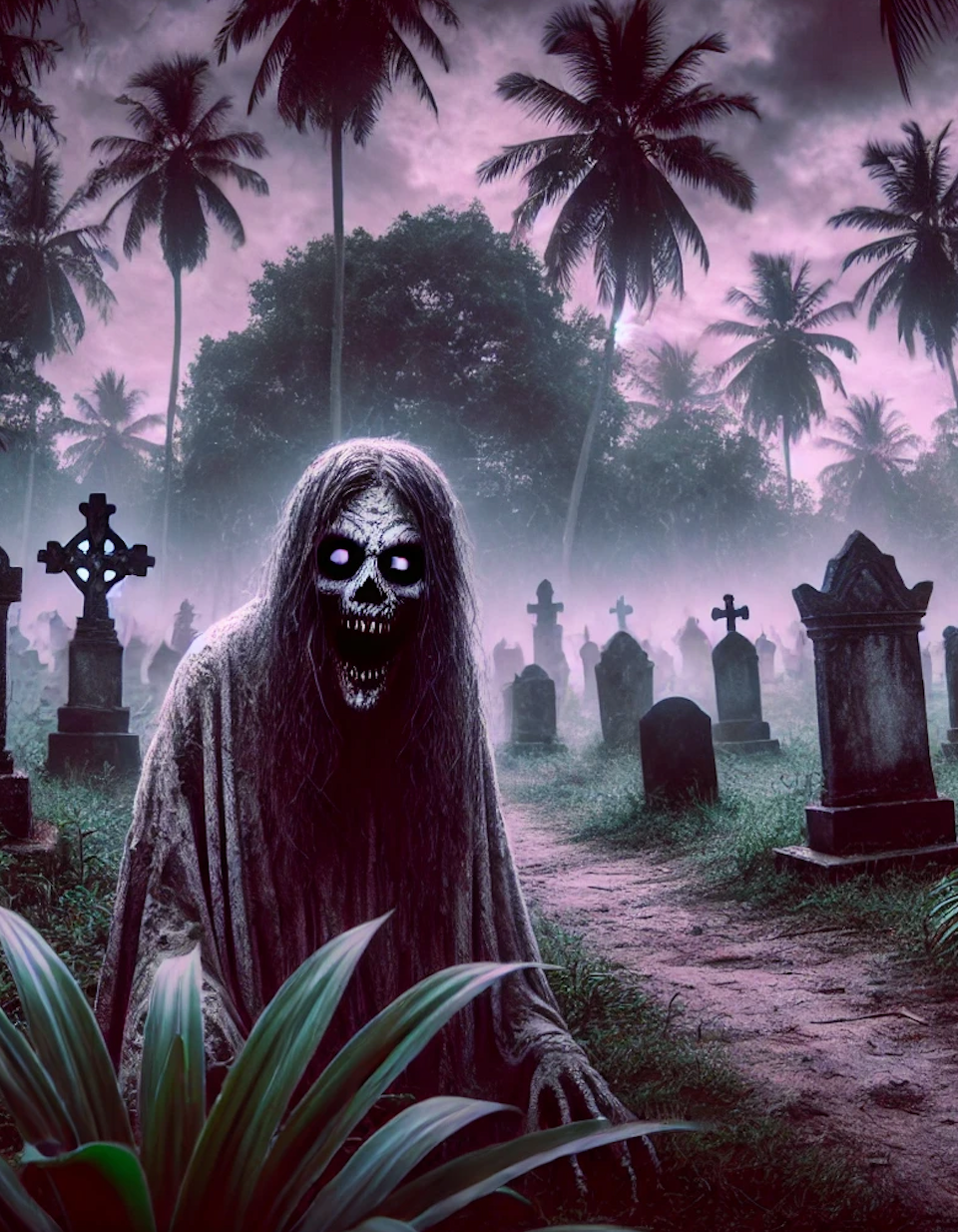 An illustration of a Duppy in a tropical cemetery.